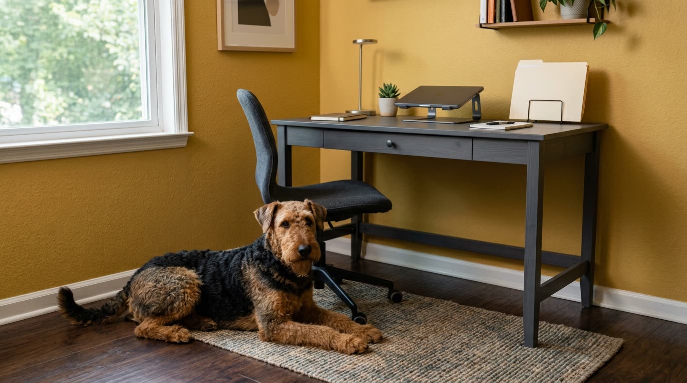 Ein Airedale Terrier liegt neben dem Schreibtisch in einem aufgeräumten Arbeitszimmer mit senfgelber Wand; auf dem Tisch stehen ein zugeklappter Laptop und eine leere Mappe.