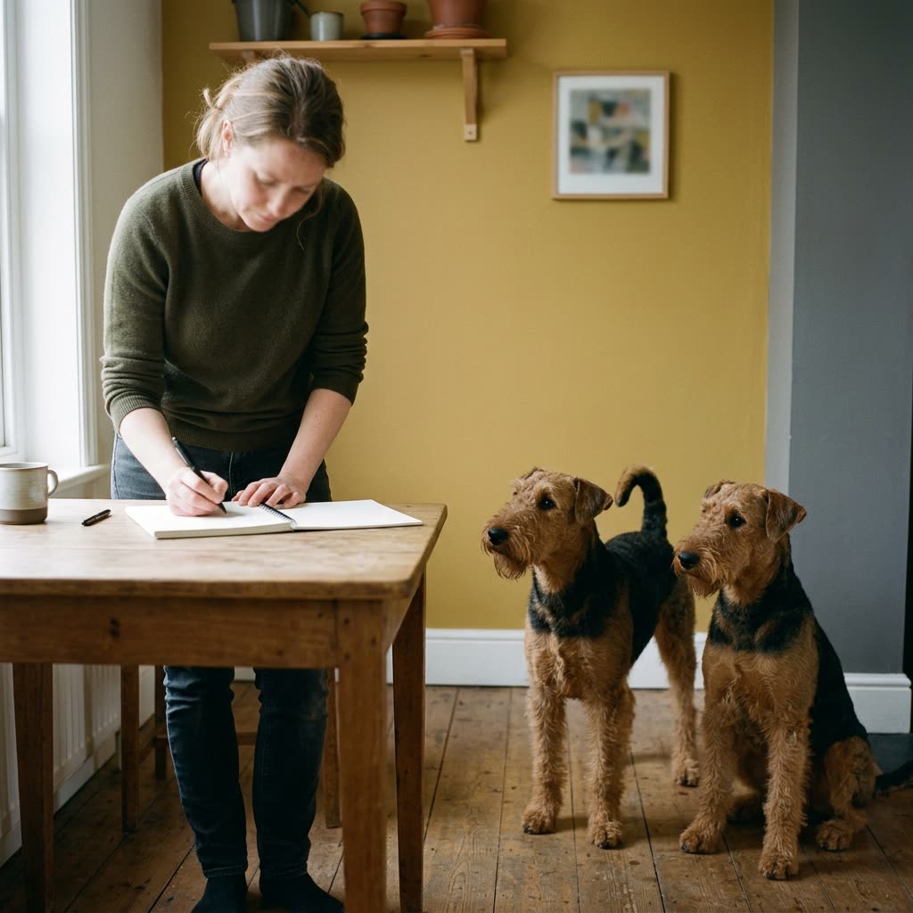 Eine Person schreibt an einem Holztisch in ein leeres Notizbuch, daneben warten zwei Airedale Terrier.